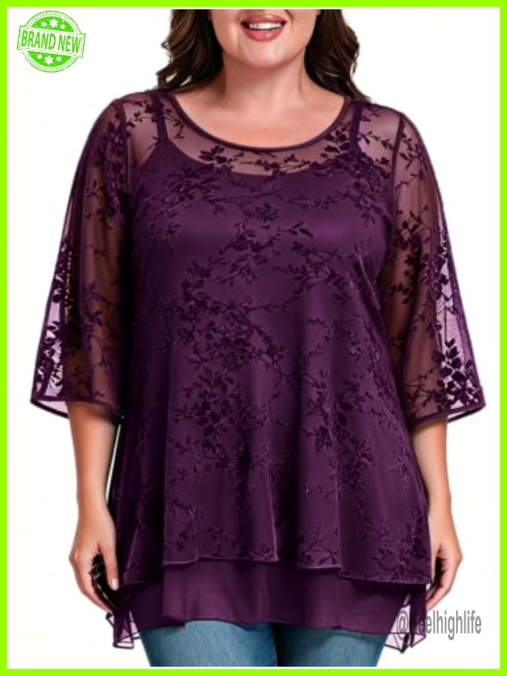 Womens Dressy Flocked Mesh Blouse 3/4 Bell Sleeve Double Layer Tunic Top